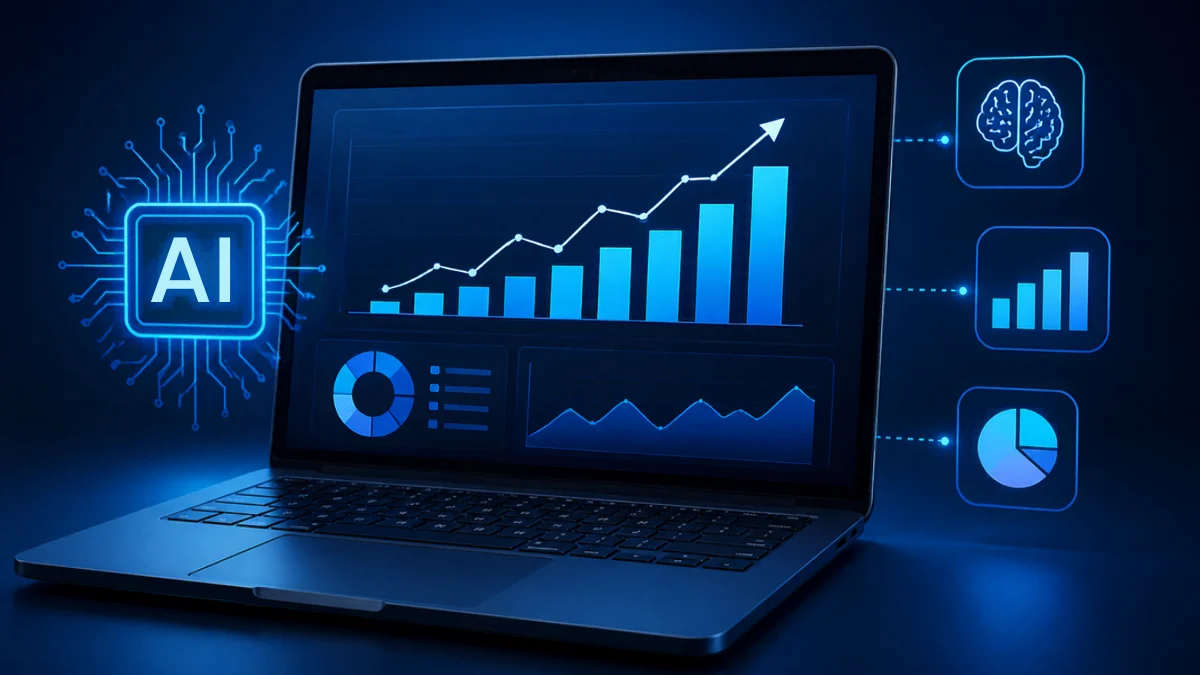 Ordinateur portable et graphiques de croissance illustrant un business en ligne