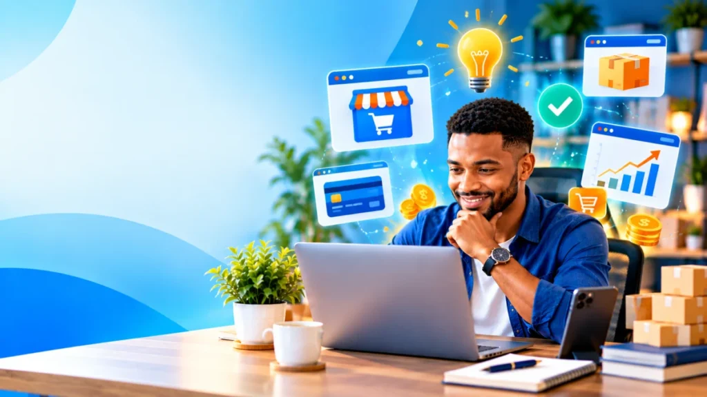 Entrepreneur qui lance un business en ligne sans investissement depuis son ordinateur
