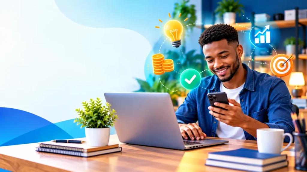 Personne qui démarre une activité en ligne gratuitement avec son ordinateur et son téléphone