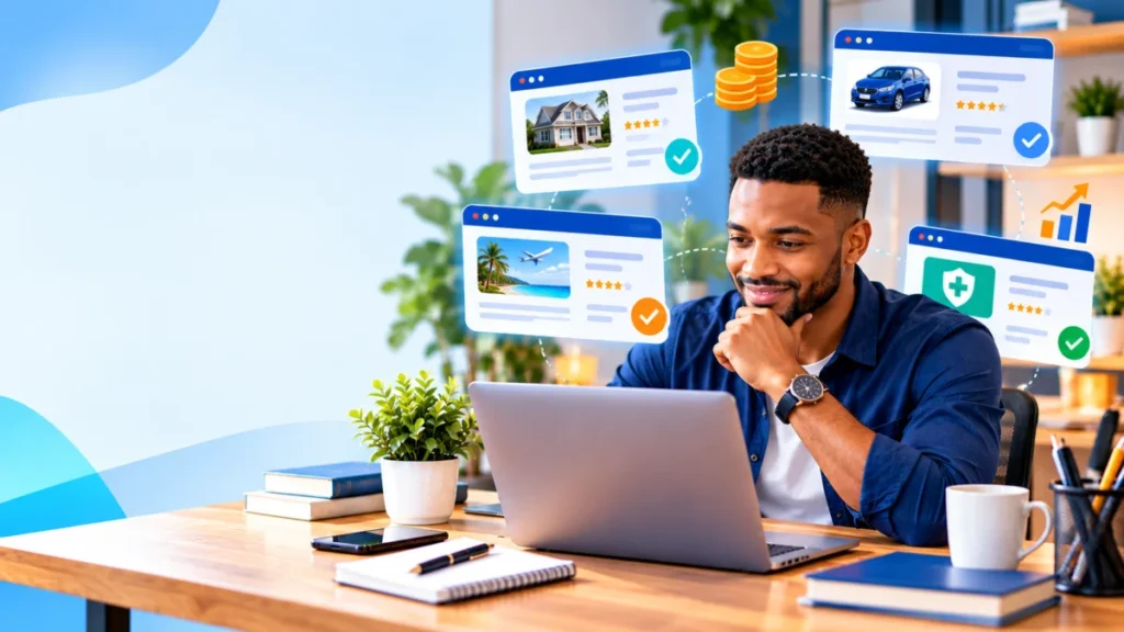 Personne qui compare plusieurs sites sur un ordinateur pour gagner de l'argent en ligne