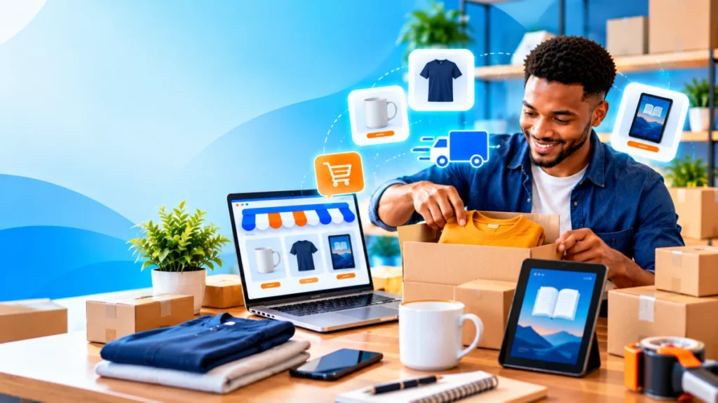 Vendeur en ligne qui prépare ses produits devant une boutique sur ordinateur