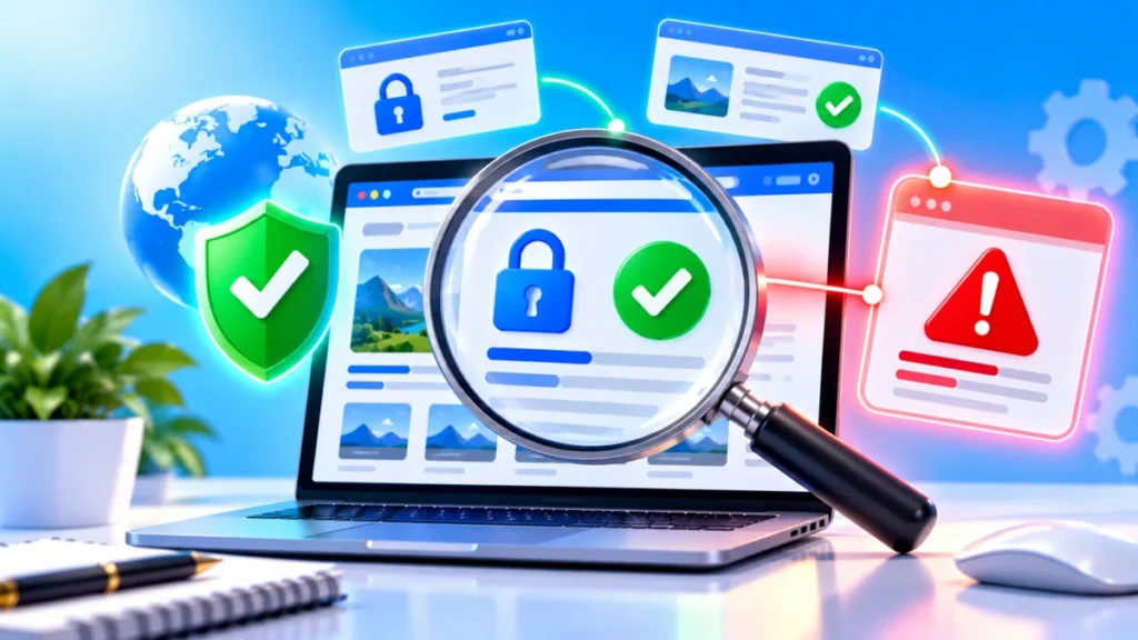Loupe qui vérifie la fiabilité d'un site web avec cadenas et coche de validation